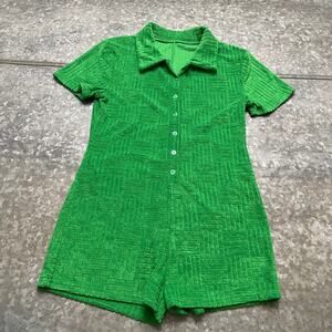 Womens Green Collared Terry Cloth Textured Shorts Romper Small Retro Mod